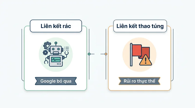 Bảng so sánh liên kết rác vô hại và liên kết thao túng gây rủi ro thực thể AI