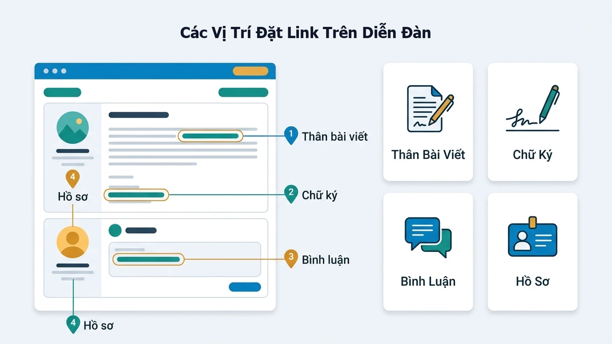 Sơ đồ phân loại các vị trí đặt backlink trên giao diện diễn đàn trực tuyến