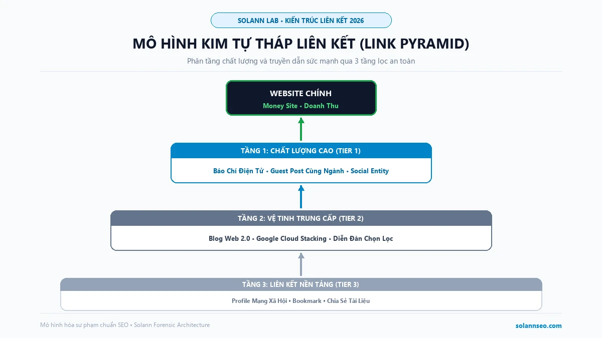 Sơ đồ mô hình kim tự tháp liên kết Link Pyramid chuẩn SEO 2026