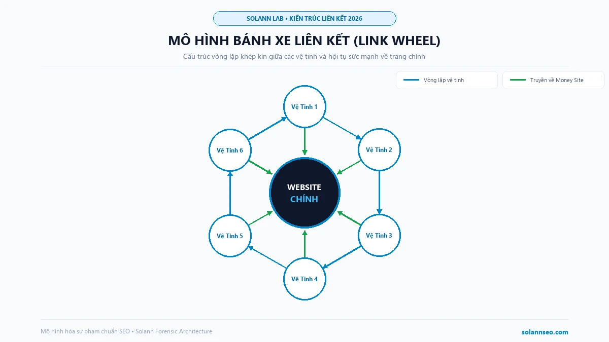 Sơ đồ mô hình bánh xe liên kết Link Wheel chuẩn SEO 2026