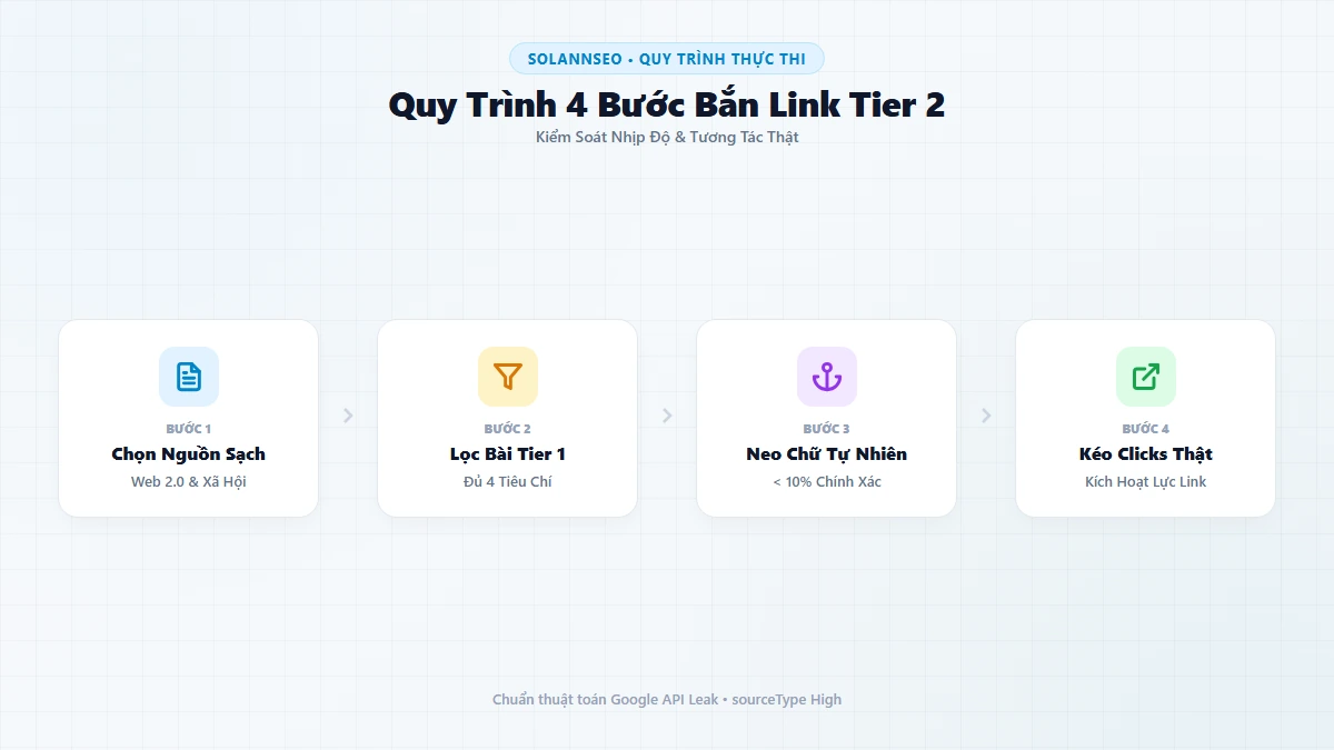 Sơ đồ quy trình 4 bước bắn link Tier 2 chuẩn kỹ thuật từ chọn nguồn đến mồi bot index