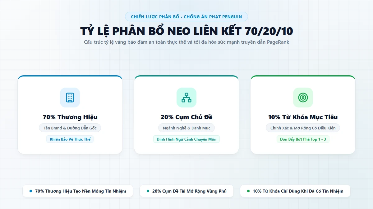 Tỷ lệ phân bổ Anchor Text Sitewide 70/20/10 chuẩn thực chiến chống án phạt Google Penguin