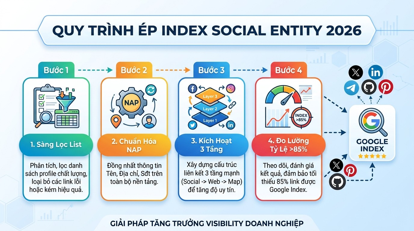 Sơ đồ 4 bước quy trình tăng tốc ép index Social Entity 2026 Solannseo