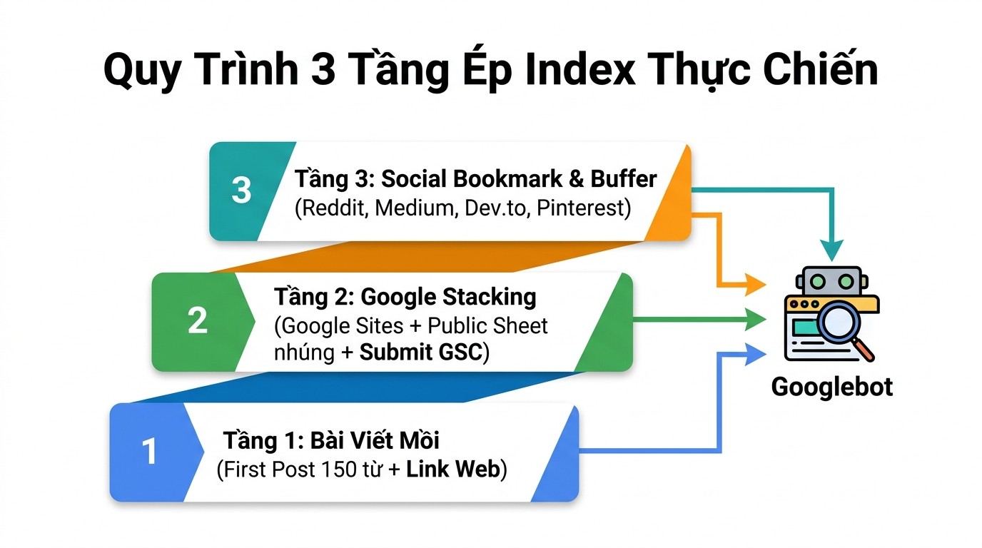 Sơ đồ mô hình 3 tầng ép index Social Entity thực chiến kết nối Googlebot