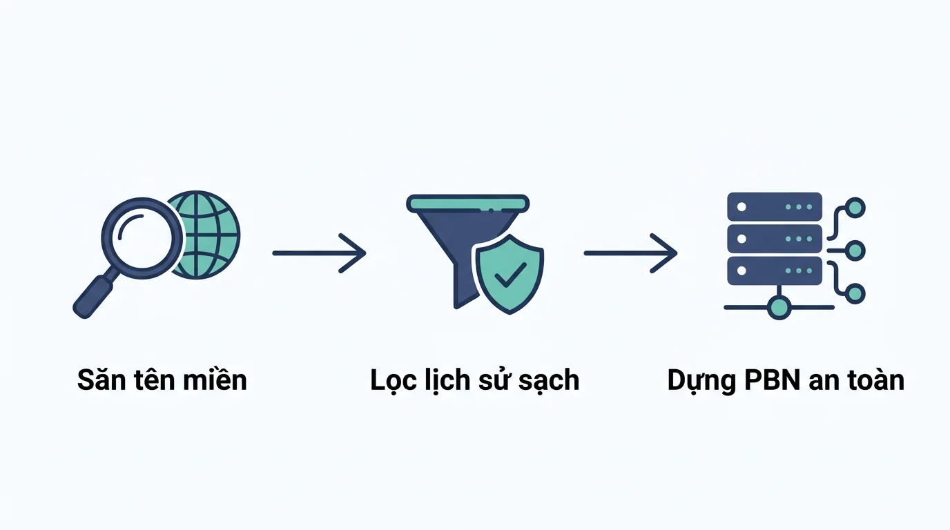 Sơ đồ quy trình tìm và định giá expired domain làm PBN chuẩn SEO 2026