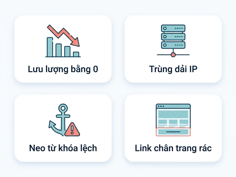 Sơ đồ 4 dấu hiệu kỹ thuật nhận diện backlink PBN bẩn từ công cụ Semrush Backlink Audit Tool