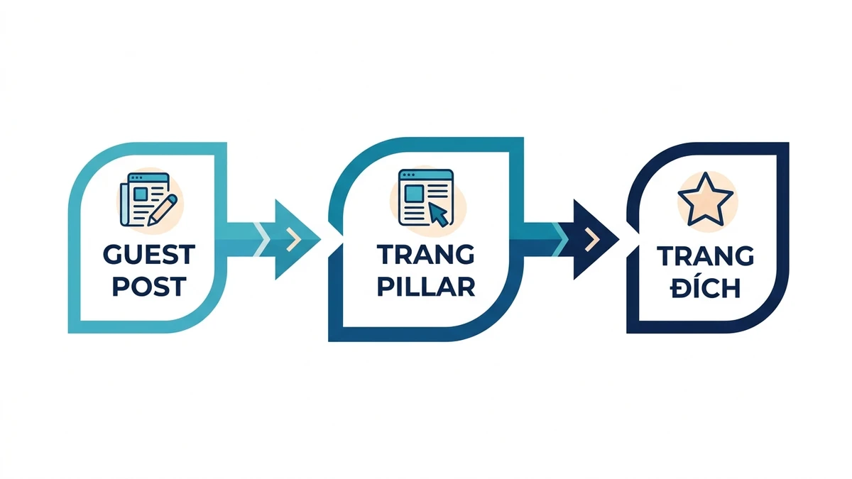 Sơ đồ phân tầng luân chuyển PageRank từ Guest Post qua Pillar đến Money Page chuẩn SEO 2026