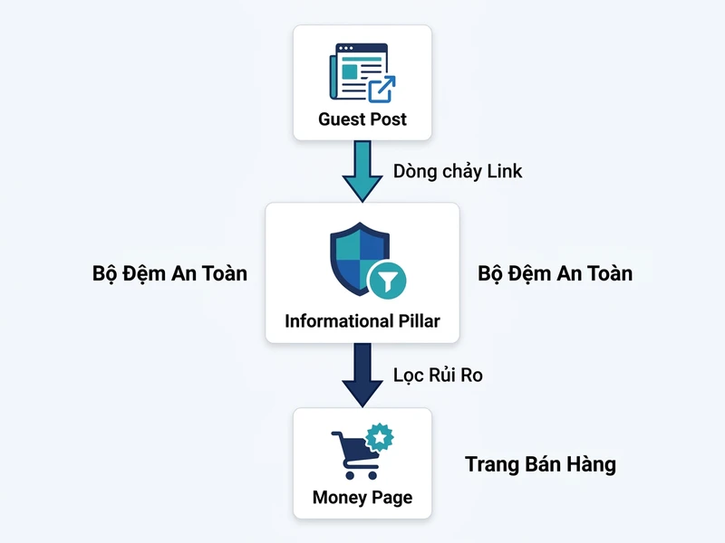 Sơ đồ cơ chế bộ đệm an toàn luân chuyển PageRank và Link Equity từ Guest Post về Money Page