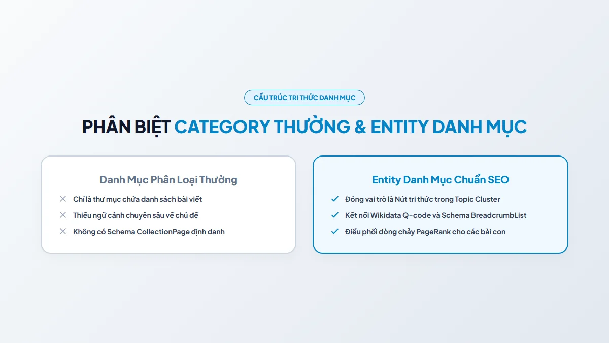 Sơ đồ phân biệt Entity thực thể và Category danh mục chuẩn Semantic SEO Solannseo