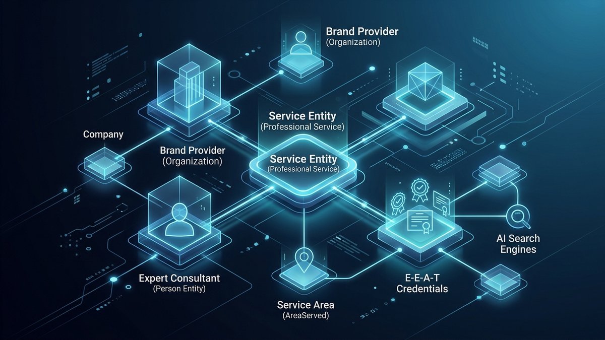 Sơ đồ kiến trúc định danh Entity Dịch Vụ trong Google Knowledge Graph và Schema Service JSON-LD Solannseo