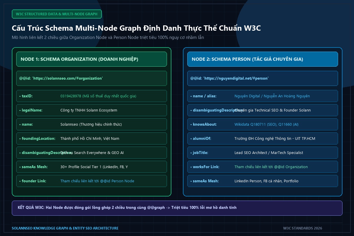 Cấu trúc Schema Multi-Node Graph định danh thực thể Person lồng ghép trong Organization