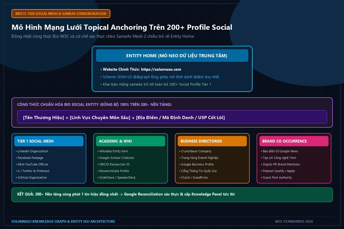 Mô hình mạng lưới Topical Anchoring đồng nhất 200+ Profile Social Entity