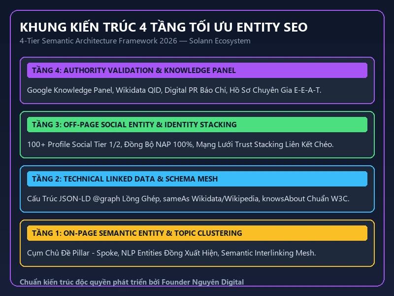 Khung kiến trúc 4 tầng tối ưu Entity SEO từ Onpage Schema đến Social và Knowledge Panel