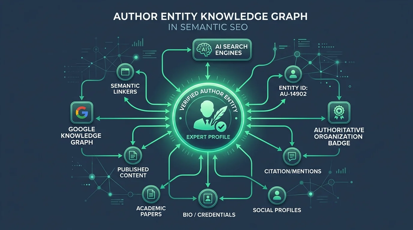Sơ đồ đồ thị tri thức định danh Entity Tác giả kết nối Google Knowledge Graph và AI Search Engines
