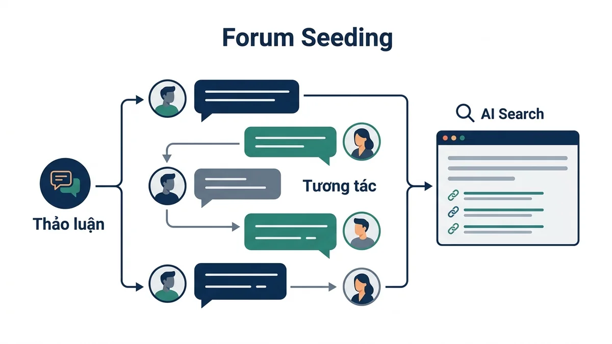 Sơ đồ tổng quan về forum seeding kết nối thảo luận cộng đồng và trích dẫn AI Search