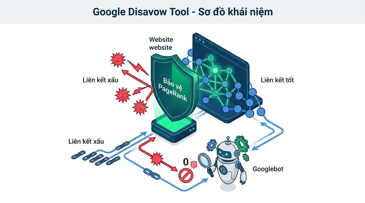 Sơ đồ khái niệm Google Disavow Tool bảo vệ PageRank trước liên kết xấu
