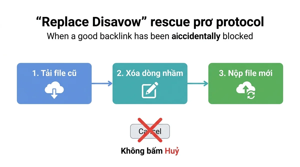 Phác đồ cứu hộ 3 bước Replace Disavow khôi phục dòng chảy PageRank khi chặn nhầm liên kết tốt