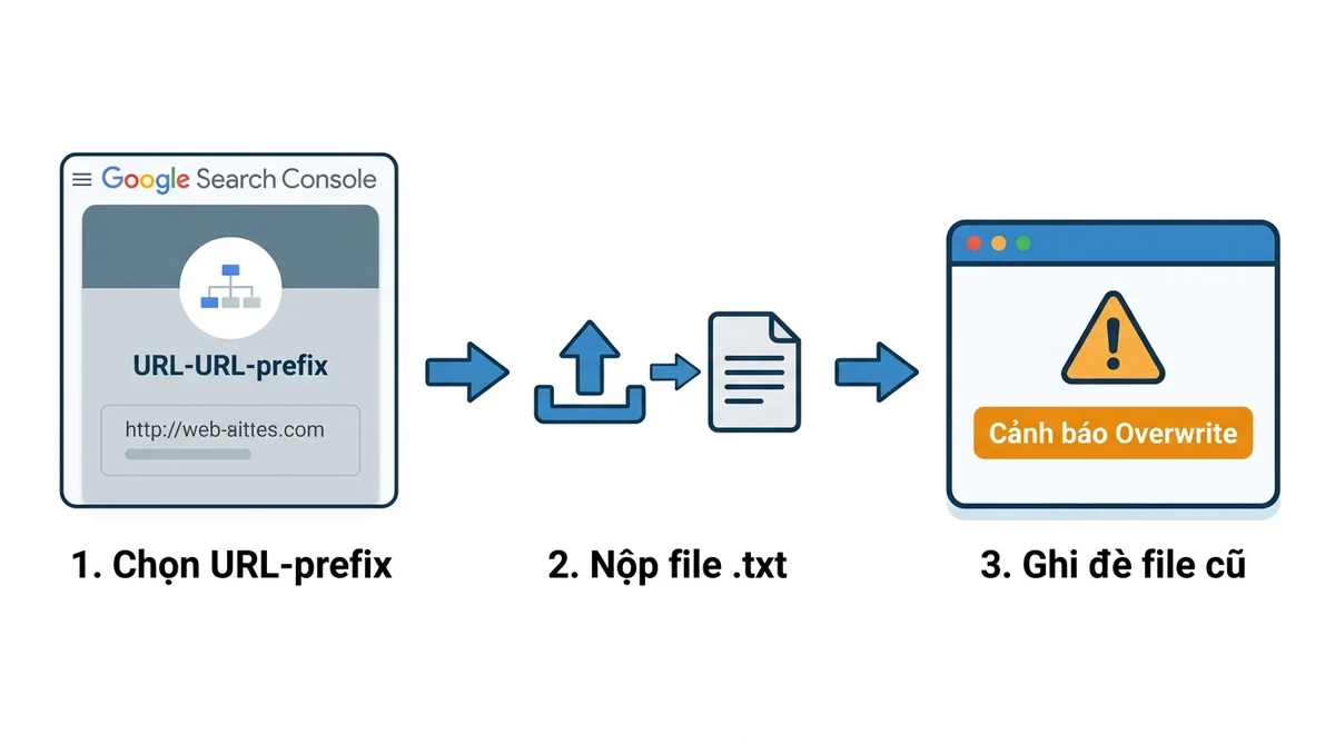 Quy trình 3 bước nộp file Disavow lên Google Search Console và cảnh báo Overwrite