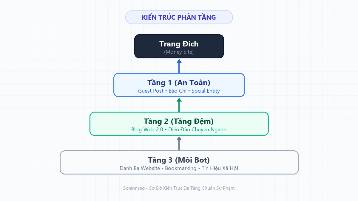 Sơ đồ kiến trúc tổng thể hệ thống backlink đa tầng Tier 1 Tier 2 Tier 3 bảo vệ website chính
