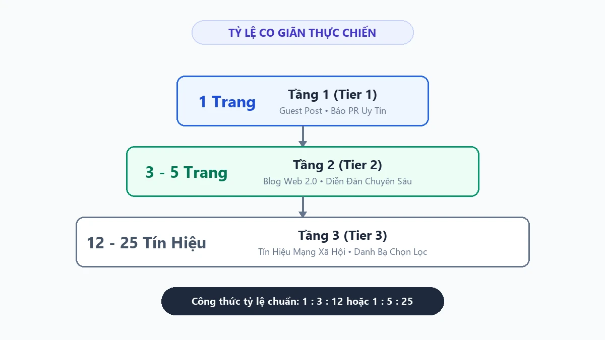 Sơ đồ tỷ lệ co giãn chuẩn 1 3 12 trong hệ thống backlink đa tầng