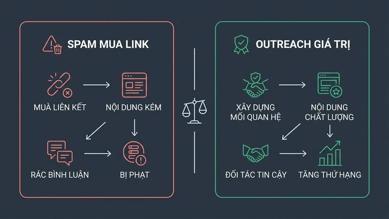 Sơ đồ so sánh ranh giới kỹ thuật giữa blogger outreach mũ trắng giá trị và hình thức spam mua bán liên kết rác