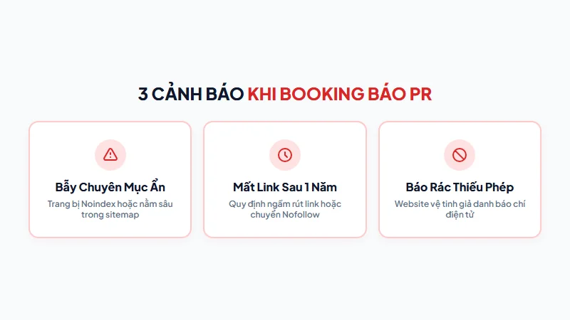 Sơ đồ 3 bẫy báo rác PBN chi phí ẩn và rủi ro mất link CMS khi booking báo PR
