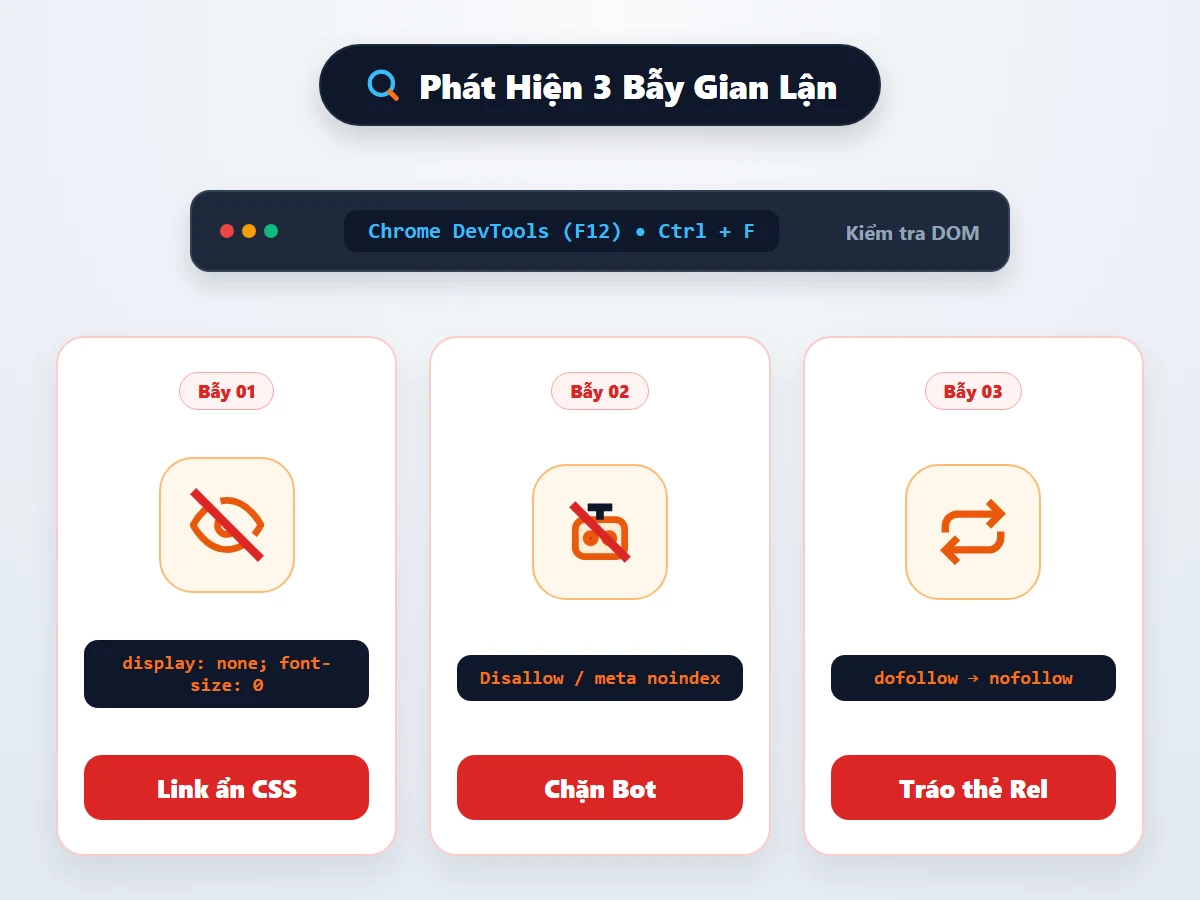 Sơ đồ phát hiện 3 thủ thuật gian lận textlink bằng Chrome DevTools