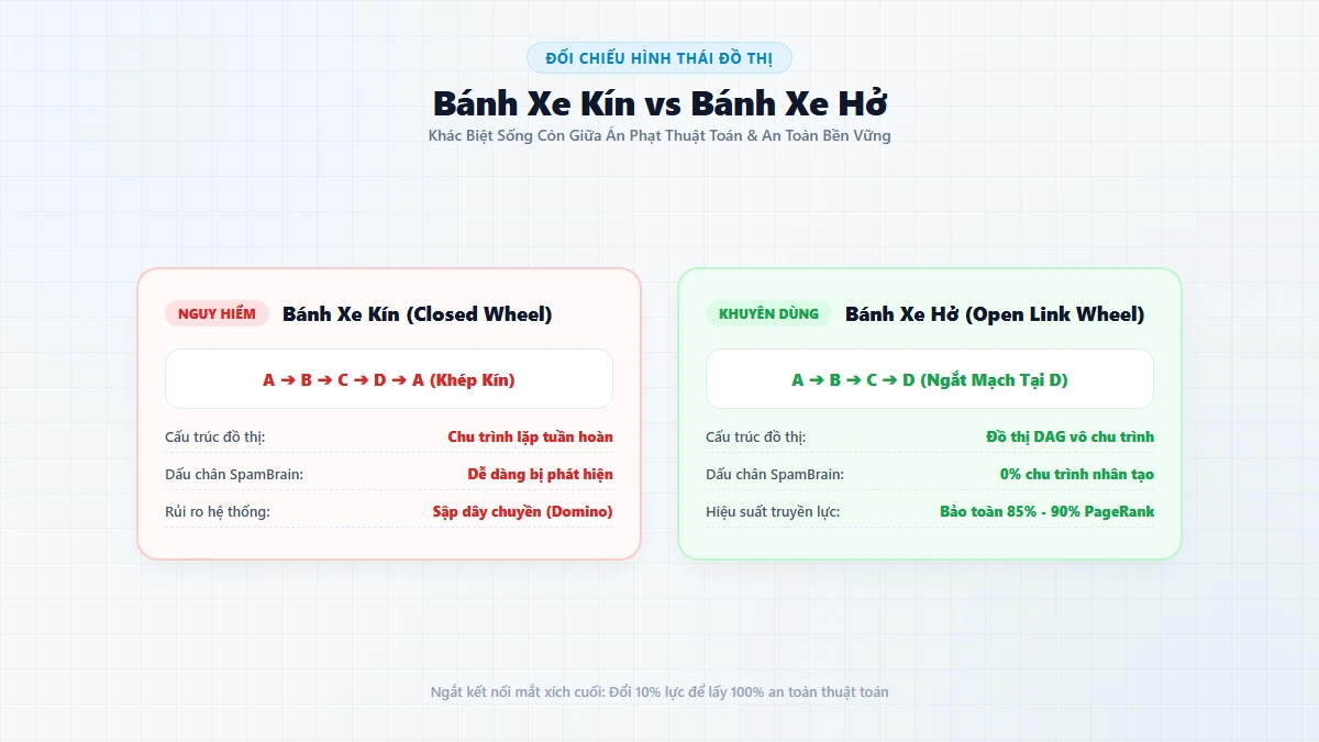 Bản vẽ kỹ thuật so sánh cấu trúc Bánh xe kín nguy hiểm vs Bánh xe hở Open Link Wheel ngắt mạch an toàn