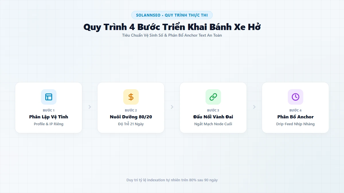 Sơ đồ quy trình 4 bước triển khai mô hình Bánh xe hở Open Link Wheel chuẩn kỹ thuật