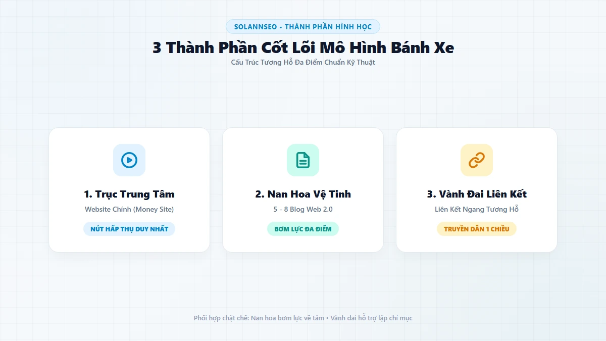 Sơ đồ trực quan cấu trúc mô hình bánh xe Hub-and-Spoke với các vệ tinh Web 2.0 và vành liên kết