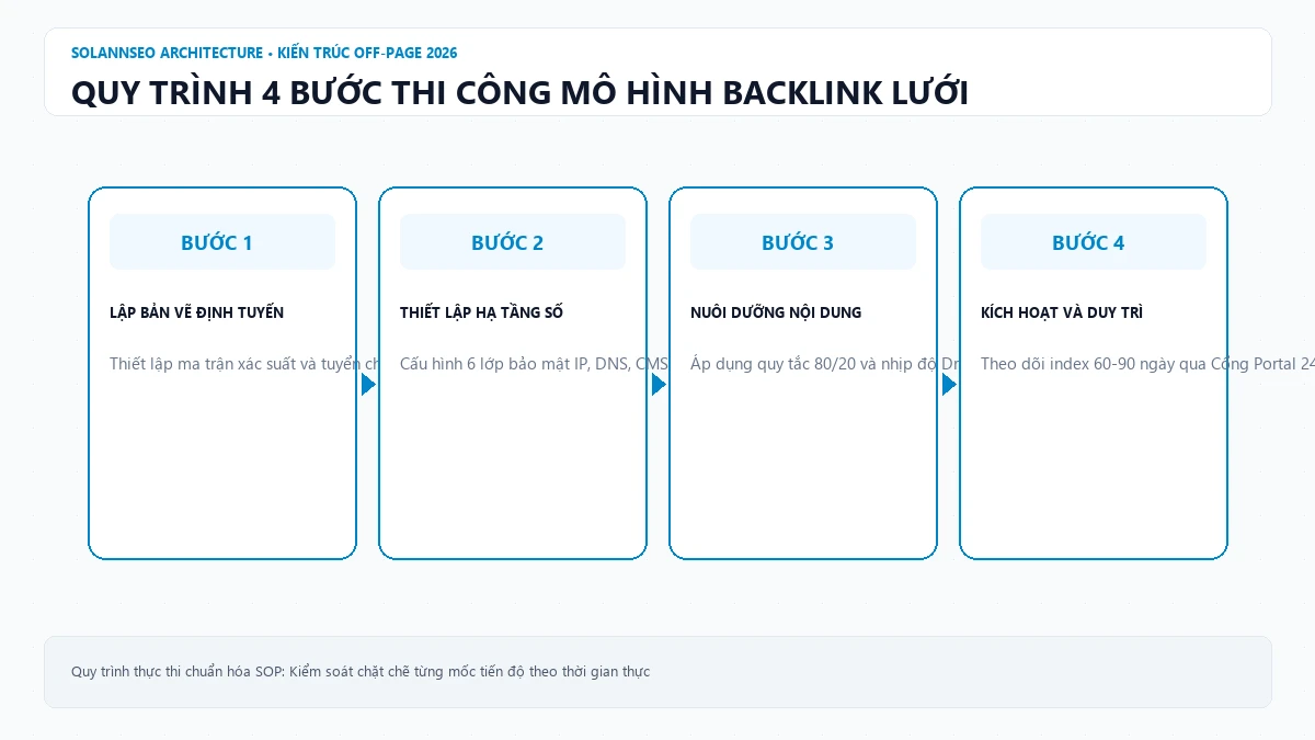 Quy trình 4 bước thi công mô hình backlink lưới an toàn cho dự án SEO