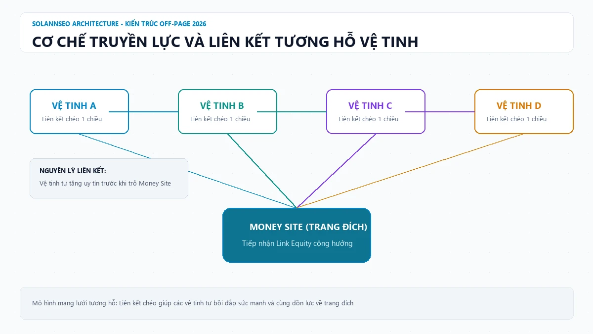 Sơ đồ cơ chế truyền lực và liên kết chéo giữa các website vệ tinh trong mô hình lưới