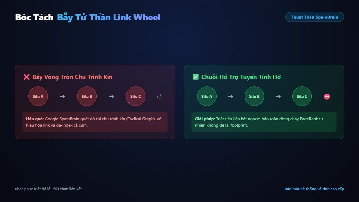 Phân tích rủi ro bẫy chu trình kín Link Wheel khiến PBN bị Google SpamBrain phát hiện
