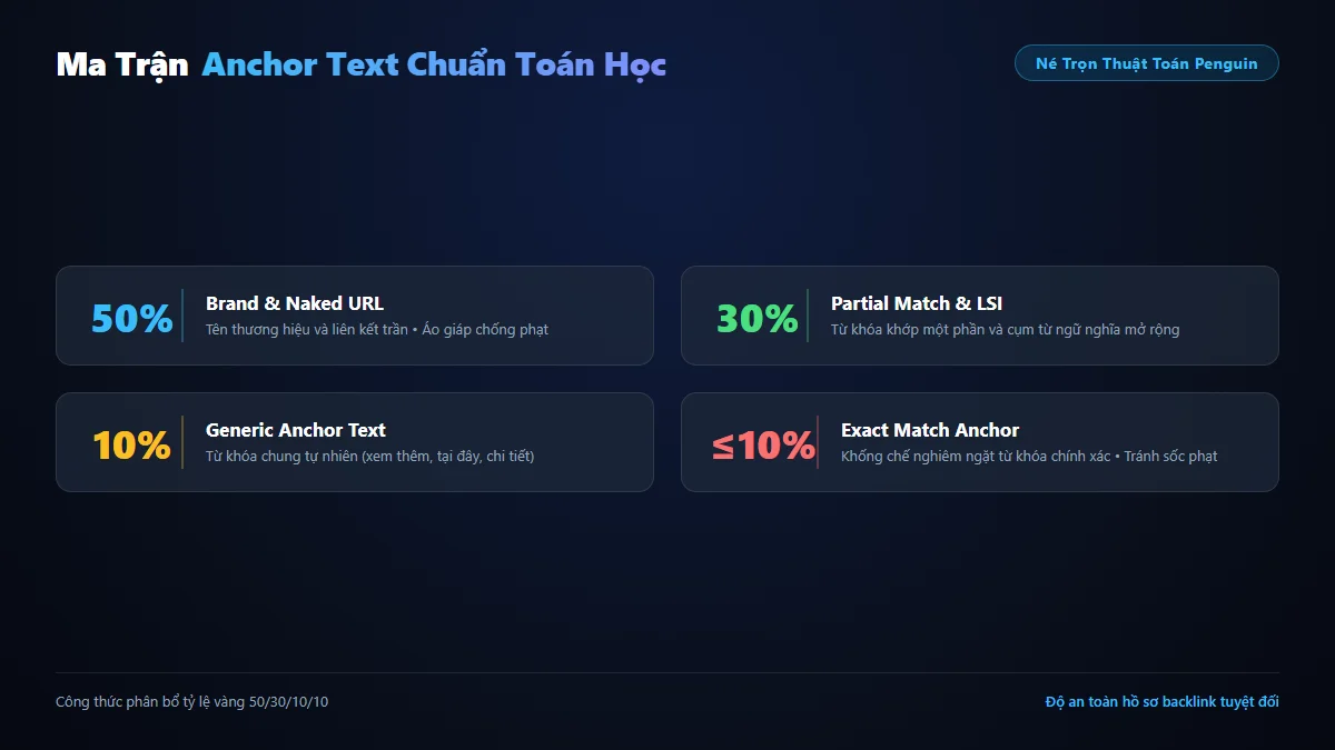 Biểu đồ tỷ lệ phân bổ Anchor Text chuẩn 50/30/10/10 né Google Penguin