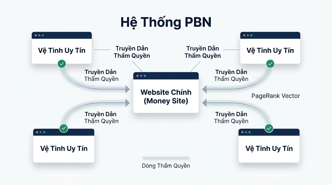 Mô hình hệ thống Private Blog Network PBN truyền dẫn thẩm quyền PageRank Vector về Money Site