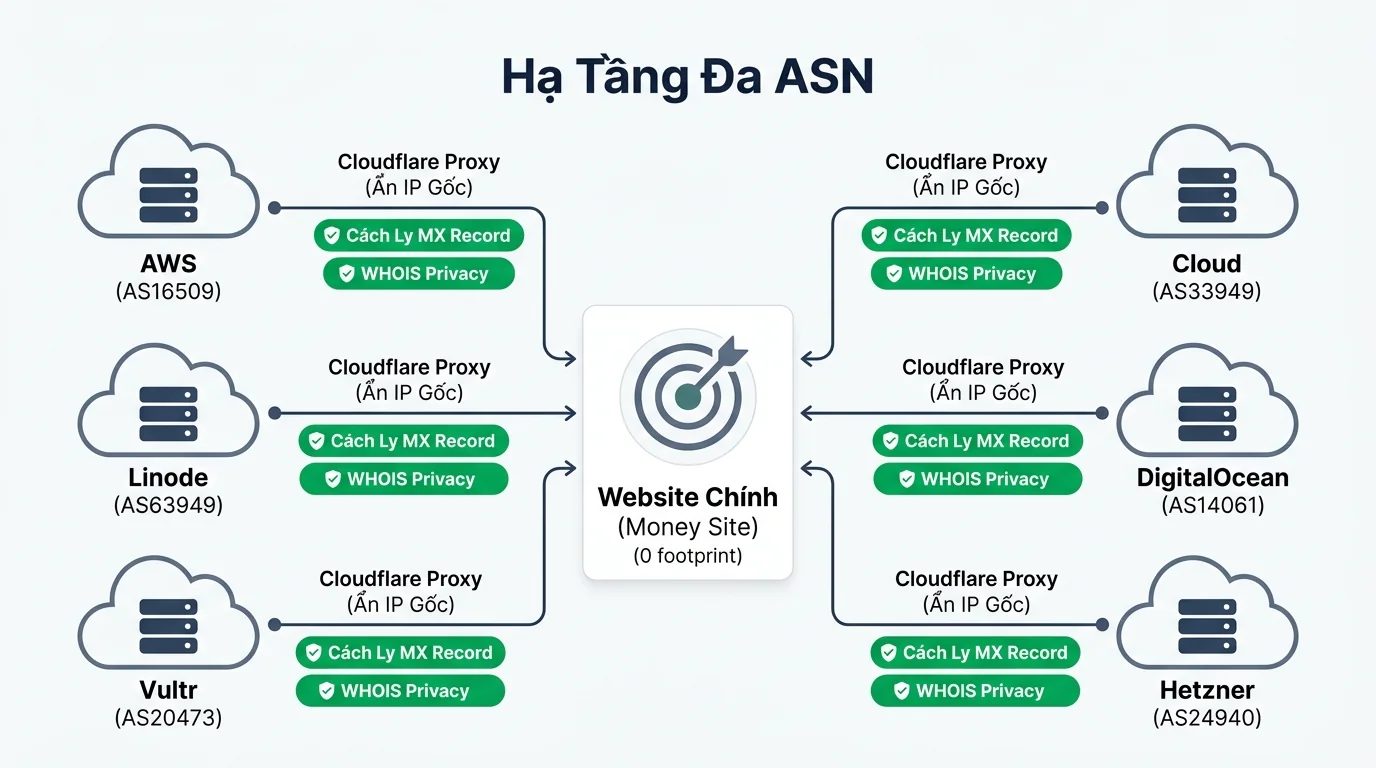 Sơ đồ kiến trúc hạ tầng PBN triệt tiêu dấu chân kỹ thuật Footprints đa ASN 2026