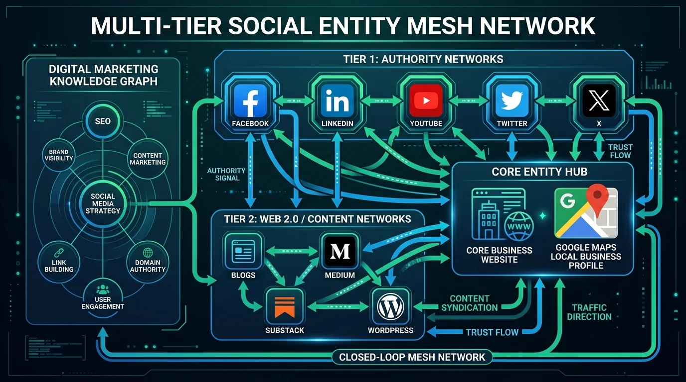 Sơ đồ cấu trúc mạng lưới liên kết chéo Multi-Tier Social Entity Mesh Network tuần hoàn khép kín
