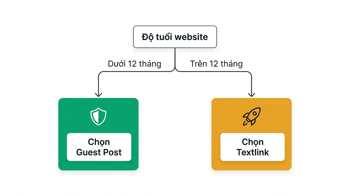 Cây quyết định lựa chọn Guest Post và Textlink theo độ tuổi tên miền và mục tiêu từ khóa