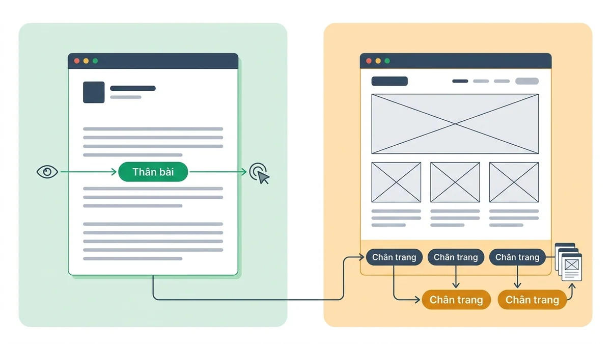 Sơ đồ đối chiếu kiến trúc Contextual Link bài Guest Post và Sitewide Link chân trang toàn site