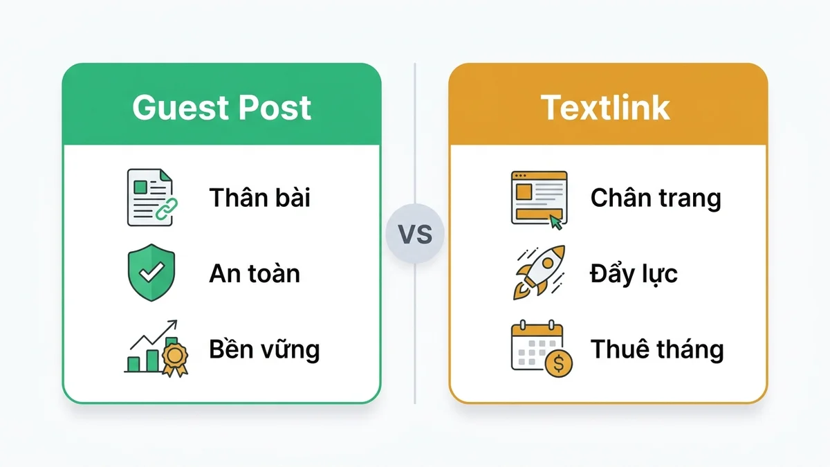Bảng đối đầu 7 tiêu chí kỹ thuật giữa Sitewide Link chân trang và Contextual Link bài viết