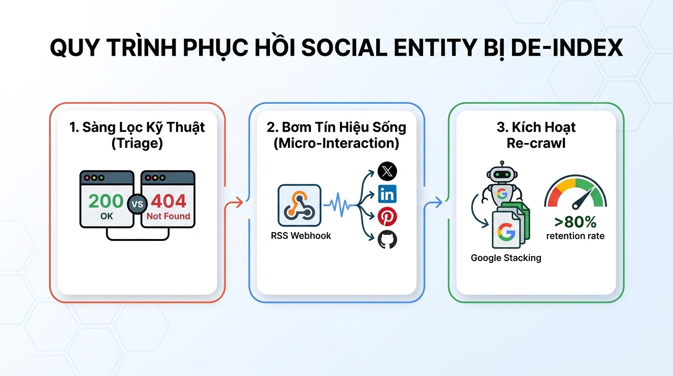 Sơ đồ phục hồi mạng lưới 200 Social Entity bị de-index và quy trình kích hoạt tín hiệu sống chuẩn SEO
