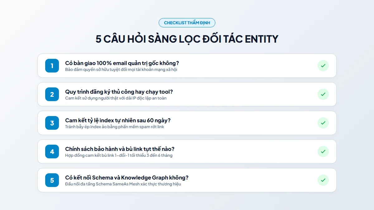 Bộ 5 câu hỏi thẩm định đơn vị cung cấp dịch vụ entity chuyên nghiệp