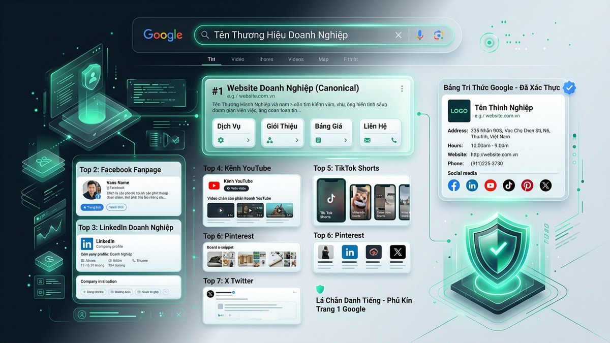 Mô hình tối ưu Brand SERP chiếm lĩnh 10 vị trí trang 1 Google bằng ma trận Social Entity và Knowledge Panel