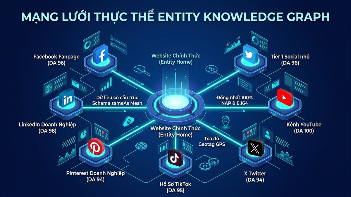 Sơ đồ mạng lưới Knowledge Graph kết nối 6 mạng xã hội Tier 1 qua Schema sameAs Mesh