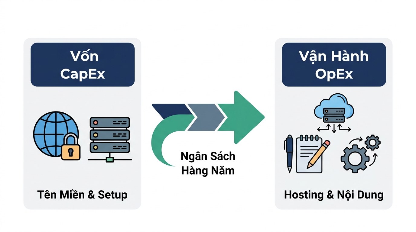 Sơ đồ phân tích vốn CapEx và chi phí OpEx tự xây dựng hệ sinh thái 20 website PBN