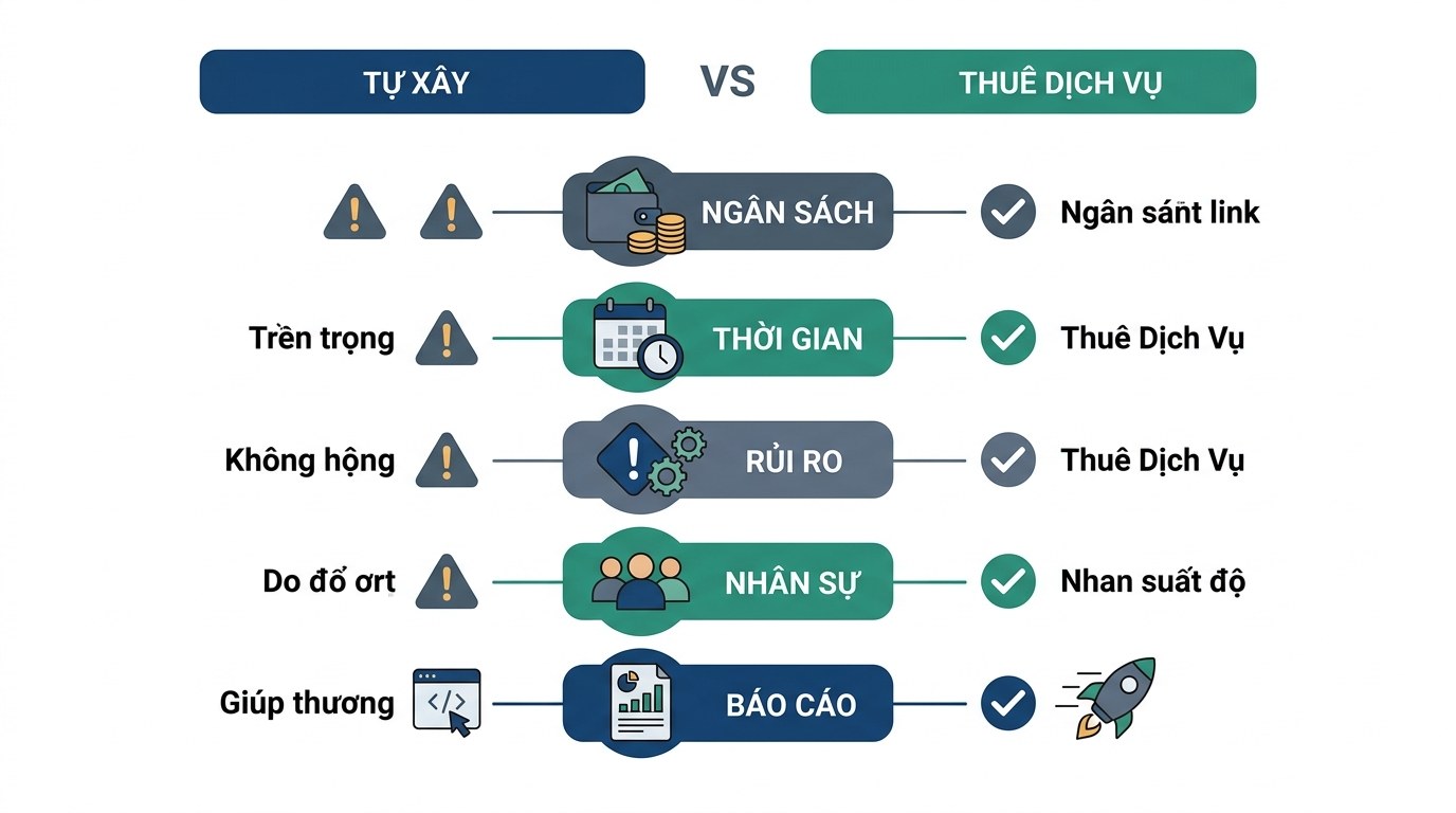 Bảng so sánh 5 chiều đối đầu giữa tự xây dựng PBN và thuê dịch vụ PBN chuyên nghiệp
