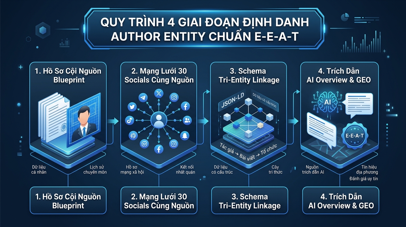 Quy trình 4 giai đoạn định danh Author Entity chuẩn E-E-A-T