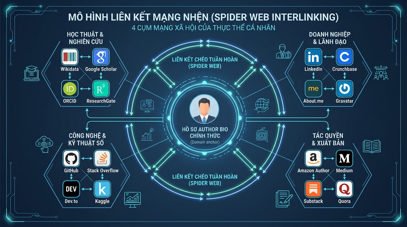 Mô hình mạng nhện liên kết chéo Spider Web Interlinking 4 cụm mạng xã hội cá nhân