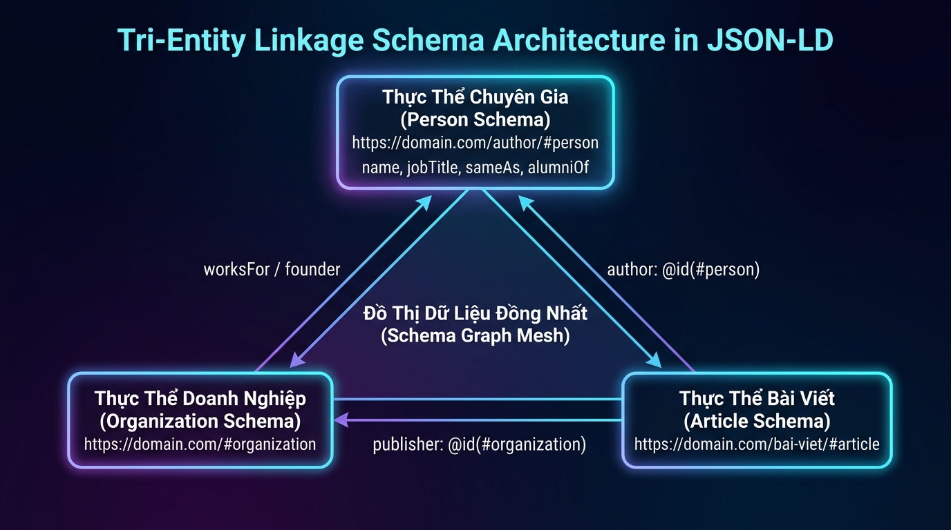 Sơ đồ mô hình kiến trúc Tri-Entity Linkage Schema kết nối Person Organization Article