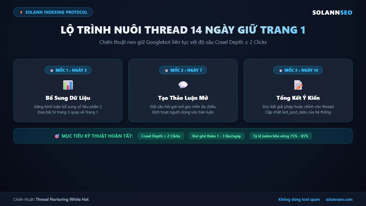 Quy trình nuôi thread định kỳ 14 ngày giữ vững Crawl Depth nhỏ hơn hoặc bằng 2 clicks Solannseo
